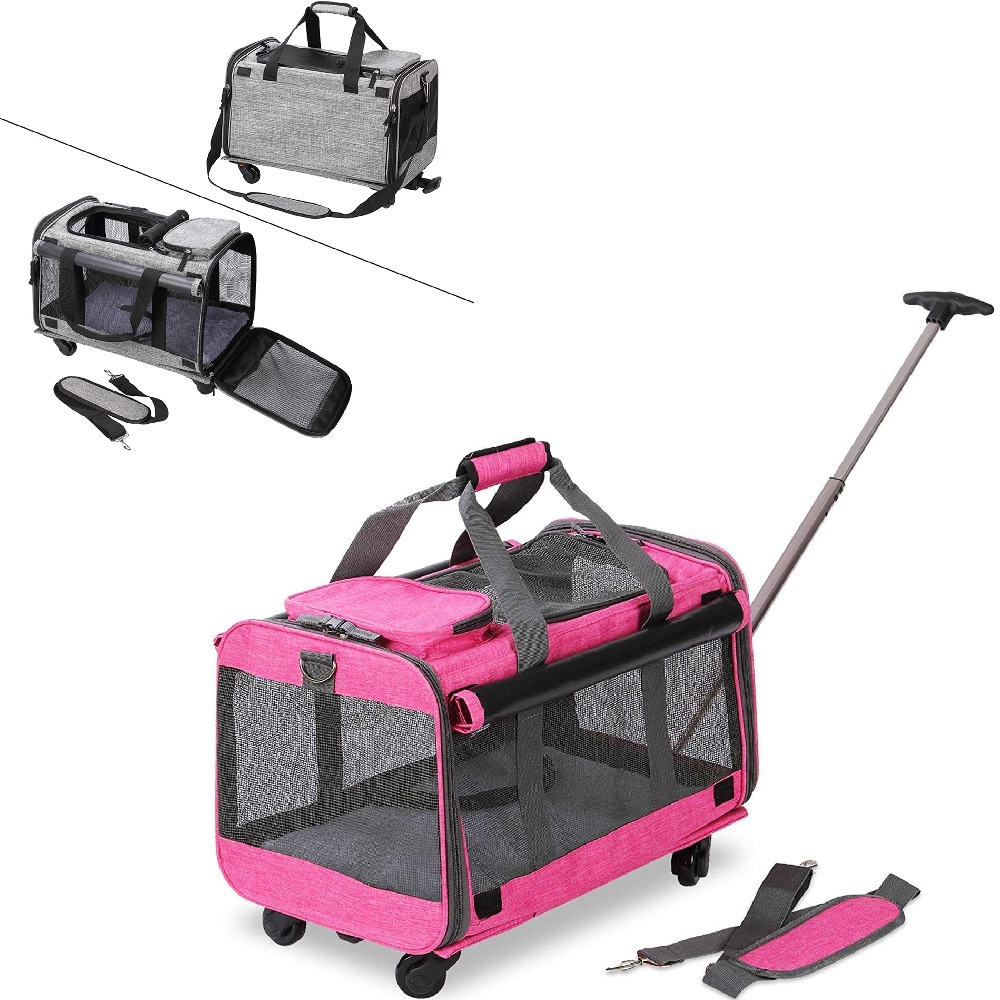 Equipaje de mano con ruedas desmontables para perros y gatos, accesorio de gran capacidad, color rosa, suave, aprobado por la línea aérea