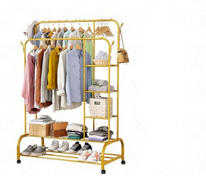 Modern Yellow Metal Clothing Rack with Wheels and Storage <b>Shelves</b> for Living Room Multifunctional <b>Standing</b> Type - Product Image 2