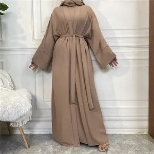 3 buah Set jilbab sederhana syal Islami Lebaran Kaftan mantel Burqa Abayas Dubai 2024 Kimono wanita gaun Muslim Abaya terbuka dengan saku