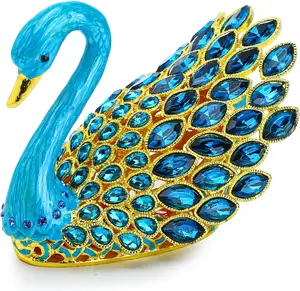 3.7 pouces émail bleu gemmes cygne bibelot boîte articulée peinte à la main bijoux stockage Animal Figurine à collectionner cadeau de mariage