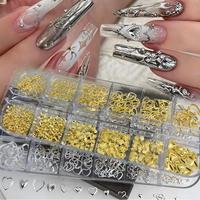 12 Grilles de Breloques Métalliques Creuses Or et Argent, Clous Mixtes Cœur, Fleur et Cadre, Décorations 3D Assorties pour Ongles, Accessoires de Manucure