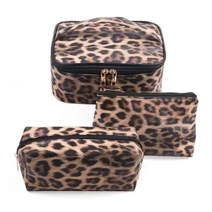 Neue trend ige Leoparden muster Reise Make-up Fall Großhandel Pu Leoparden muster Frau tragbare Kosmetik tasche mit Trennwänden