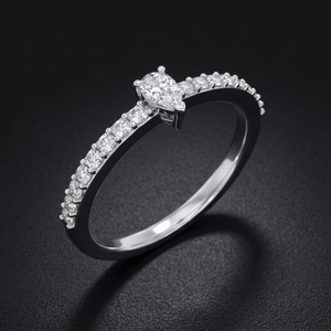 <b>Dainty</b> Pave Stacking Engagement <b>Ring</b> Minimalist 14K Solid <b>Gold</b> Pear Cut Lab Grown Diamond Thin Band Rhodium Plated - Product Image 1