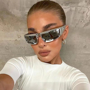 Sunglasses PC Full Rim <b>Frame</b> Rectangle UV400 Protection 3 Lens Unisex Outdoor Cycling Sports Silver Hip Hop Style - Product Image 2