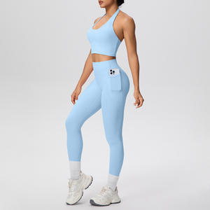 Nouveaux ensembles de yoga et de fitness pour femmes, de haute qualité, taille plus, compression, leggings, soutien-gorge, 5 pièces, tenues de sport avec poches - Product Image 5