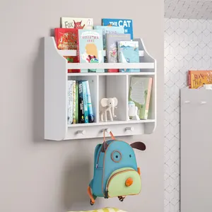 Estante de parede para livros, estante de madeira para crianças, armário com gancho, estante para sala de estar