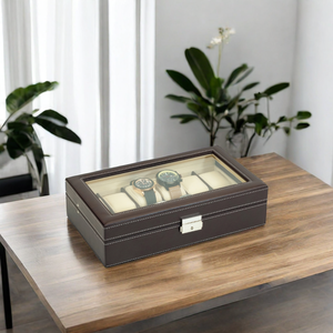 Boîte à montres en cuir PU marron durable et anti-poussière à <span class=keywords><strong>12</strong></span> emplacements pour hommes, vente en gros personnalisée Sonny - Product Image 3