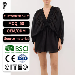 Vestidos de lino de otoño de nuevo diseño para damas, casuales, holgados, modestos, con cuello en V profundo, vestidos de manga larga estilo playero, mini vestido camisero para mujer - Product Image 1