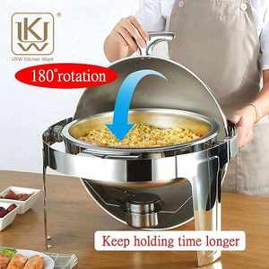 Suministro de fábrica, juego de buffet de acero inoxidable duradero de gran capacidad, calentador de alimentos, plato de frotamiento dorado redondo - Product Image 5