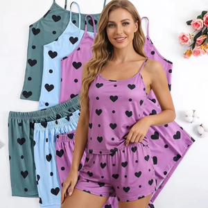 Conjunto de pijama con estampado de corazones para mujer, 2 uds., Top tipo camisola, pantalones cortos con cintura elástica, ropa de descanso de primavera, jersey cómodo hasta la rodilla, transpirable - Product Image 5
