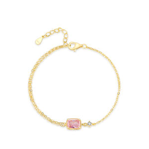 Pulsera de Cadena de Oro con Circonita Cuadrada Rosa en Plata de Ley S925 para Mujer, Joyería Moderna y Sencilla, Versión de Cobre Personalizable - Product Image 1