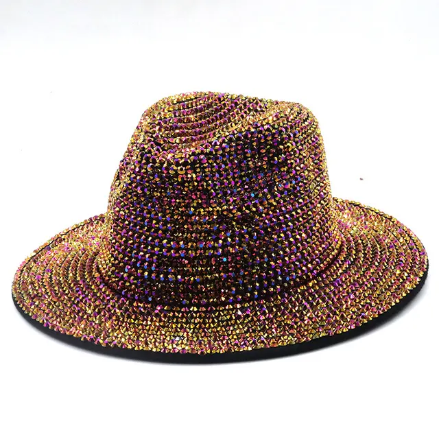 2023 wholesale Rainbow Color Rhinestone Single Side Wool Felt Jazz Fedora Hats