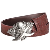 Ceinture Western Personnalisée JULUN en Similicuir pour Homme, Boucle Ornée Tête de Mort et Poignard en Argent Vieilli, Style Punk Gothique pour Jeans