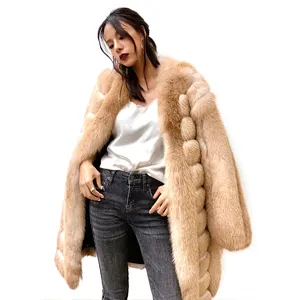 Fuzzy chaqueta de piel de zorro de lujo para mujer de invierno cálido grueso lleva 2020 de la longitud de la rodilla largo Real abrigo de piel para damas