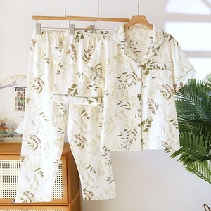 Conjunto de pijama de algodón, top de manga corta con logotipo personalizado impreso, venta al por mayor, ropa de casa, conjunto de tres piezas directo de fábrica - Product Image 3