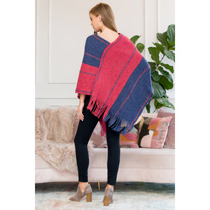 Hdf3007rdbl - Poncho con flecos y estampado de cadena en dos tonos, rojo y azul - Product Image 2