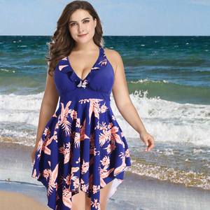 Wholesale Plus Size Swimwear Ruffle V-Neck Halter <b>Tankini</b> Dress Floral Print Two Piece Bathing Suit Beach Swimwear for <b>Women</b> - Product Image 3