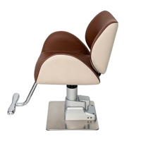 Chaise de coiffeur marron chocolat avec coussin crème, base carrée, élévateur hydraulique pour la coupe de cheveux