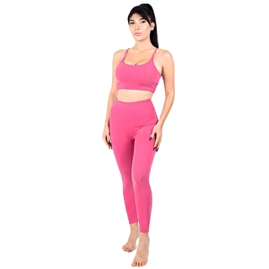 <b>Pink</b> 2 Piece Yoga Set Scoop Neck Spaghetti Strap <b>Crop</b> <b>Top</b> High Waist Full Length Leggings Seamless Four Way Stretch Activewear - Product Image 1