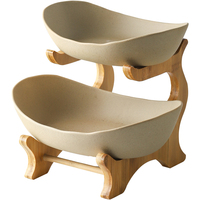 Support pour panier à fruits en bois de bambou, bol de fruits en porcelaine, vaisselle à fruits en céramique décoration de Table, 2 niveaux