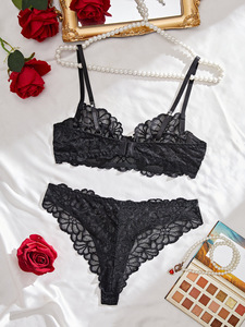 Black Floral Lace Womens Intimates Lingerie <b>Set</b> <b>Sexy</b> Sheer Mesh Underwire Bra and Thong Panties Elegant Womens Underwear <b>Set</b> - Product Image 3