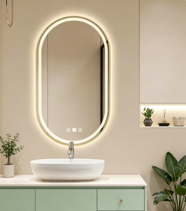 Oval Wall Hanging <b>Bathroom</b> <b>Mirror</b> Gold Aluminum Frame Glass Lenses Dimmable Illuminated <b>LED</b> <b>Light</b> Plug Powered Contemporary - Product Image 2