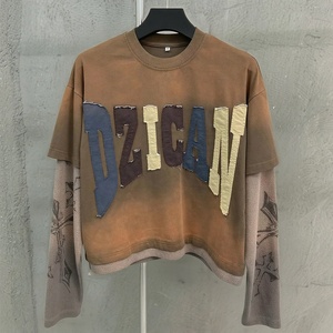 เสื้อยืดคอตตอนหนานุ่มปักลาย คอกลม ทรงโอเวอร์ไซส์ ล้างสีแบบแอซิด แขนยาวสองชั้น ไหล่ตก - Product Image 1