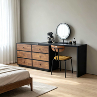 Commode de chambre moderne en bois massif avec 6 tiroirs, table de chevet intégrée, table de maquillage pour salon