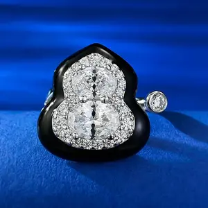 Retro cao cấp mô phỏng kim cương với một cảm giác thích hợp thiết kế S925 bạc kim, may mắn bầu mở Nhẫn, đồ trang sức đám cưới