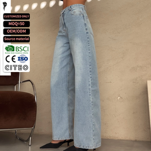 Pantalones Vaqueros de Cintura Alta y Pierna Ancha, Corte Holgado, Lavado a la Piedra, 100% Algodón Transpirable, Jeans para Mujer - Product Image 1