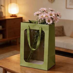 Bolsas de Papel Verde Personalizadas con Ventanas Transparentes, Ideales para Empacar Flores Secas, Flores Frescas y Regalos Florales - Product Image 5
