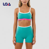 Ensemble de sport respirant pour femme : Soutien-gorge de yoga à col rond, à séchage rapide, à taille élastique, double couche, avec bordure contrastante et blocs de couleur
