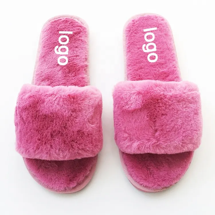 Wholesale lady fluffy rabbit fur slippers open toe sandals artificial hot pink fur slides for Canada ladies