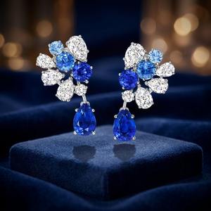 Boucles d'oreilles de luxe en forme de fleur avec saphir, en or massif 18 carats, diamant taille poire, bijoux de mariage pour femme - Product Image 3