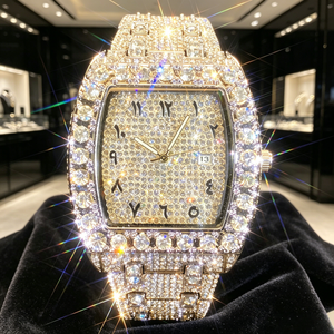 Montre de luxe rectangulaire sertie de diamants, boîtier en or jaune, bracelet en acier inoxydable, vente en gros, montres mécaniques tendance hip-hop pour hommes - Product Image 1