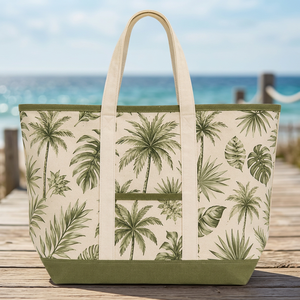 Sac de courses en coton premium avec imprimé palmiers tropicaux et feuilles botaniques |   Sac de transport réutilisable en tissu pour la plage - Product Image 3