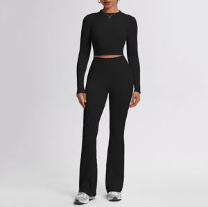 Của phụ nữ liền mạch Yoga đặt thoáng khí đan cao cổ dài tay áo Top & rộng chân quần phía trước Logo mùa thu mùa đông tập thể dục Kích thước XL - Product Image 6