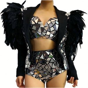 Conjuntos de Bikini de Spandex/Poliéster con Lente Reflectante y Diseño de Concha de Pájaro en Relieve, Abrigo con Plumas Divididas, para Danza del Vientre Gogo y Actuaciones DS - Product Image 1