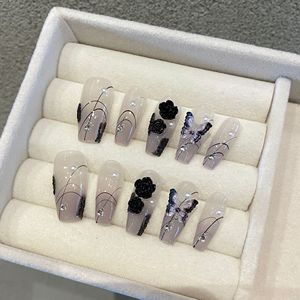 Nuevo Producto Lanzado, <span class=keywords><strong>Uñas</strong></span> Postizas Hechas a Mano <span class=keywords><strong>con</strong></span> Diseño de <span class=keywords><strong>Rosa</strong></span> Negra, Mariposa, Perla y Camelia, Estilo Tinta de Agua, Dulces y Elegantes - Product Image 1
