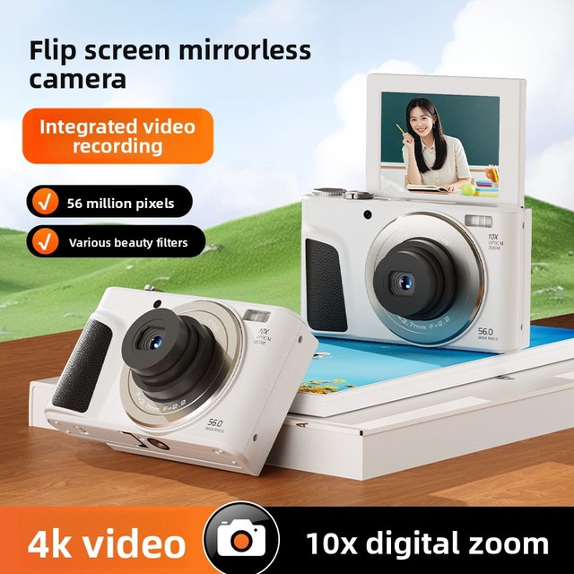 4K Vlogging Digital Camera 56MP, 180° Flip Screen, 10X Digital Zoom, Beauty Filter Compact Student CCD Camera
