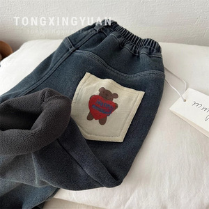 Tongxingyuan Children's Fleece <b>Lined</b> Jeans Straight Leg Cartoon Bear Winter <b>Pants</b> Girls Casual Cotton <b>Pants</b> - Product Image 1