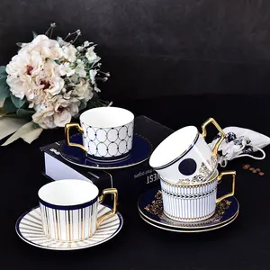 Tasse et soucoupe en porcelaine d'os réutilisables de style marocain, tasses à café en céramique à bord doré, tasse à thé l'après-midi à cappuccino, 200ml, vente en gros