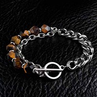 Bracelet Chaîne en Acier Inoxydable Œil de Tigre pour Hommes, Perles Facettées, Maillons Curb, Fermoir à Bascule, Bijou de Protection, Cadeau, Vente en Gros