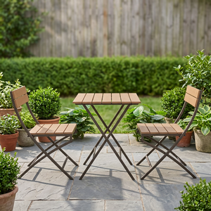 Modern Outdoor <b>Garden</b> Set with Wooden Tops and Steel Frame <b>Foldable</b> <b>Table</b> and 2 Chairs for Patio Use - Product Image 3