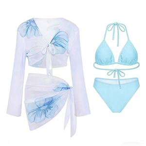 Conjunto de Biquíni Sexy Floral Grande com 4 Peças e Top de Rede, Sarong, Moda Praia Feminina com Proteção Solar e Manga Longa - Product Image 1