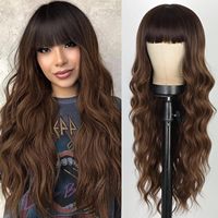 Perruque synthétique longue et bouclée pour femme, dégradé noir et marron, ondulations profondes, boucles françaises, franges, couvre-tête complet – Grande Vente