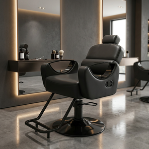 Nouveau fauteuil de barbier inclinable noir avec structure en acier inoxydable et siège en cuir pour usage scolaire et commercial - Product Image 3