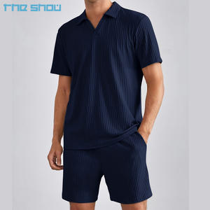 Мужская одежда из двух частей, Повседневные Дышащие трикотажные рубашки-поло из текстурированной ткани, 2 шт., брюки, футболки, мужские комплекты - Product Image 1