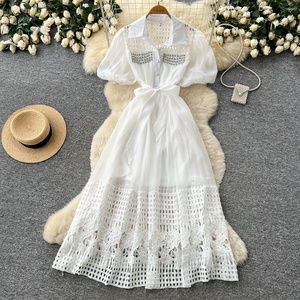 Vestido de Verano y Primavera, Nuevo Diseño de Moda, Manga Abullonada, Diamantes, Escote Redondo, Vestido Midi Informal - Product Image 3