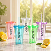 Gobelets isothermes réutilisables en plastique PP transparent de 16 oz avec logo personnalisé, avec paille et couvercle, sans BPA, pour fêtes – Vente chaude